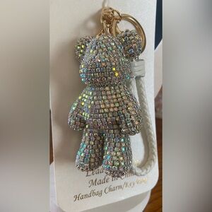 Natasha NWT Silver Rhinestone and Gold Accent Bear Key Holder Bag Charm 4” Long